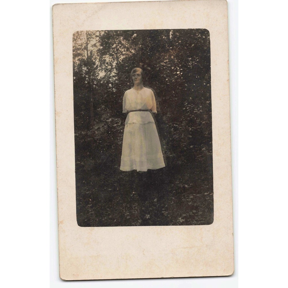 RPPC Woman in White Dress Outdoor Woods Portrait c1910s Real Photo Postcard